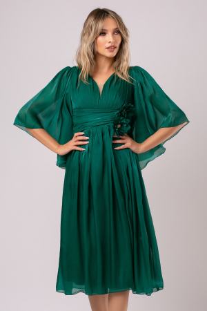ROCHII ELEGANTE - Rochie midi verde smarald de ocazie cu floare 3D