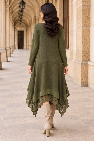 Rochie midi kaki stil boho, croșetată din bumbac și vâscoză [2]