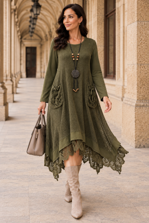 TOATE PRODUSELE - Rochie midi kaki stil boho, croșetată din bumbac și vâscoză