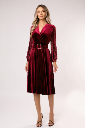 Rochie Mișa vișnie din catifea cu mâneci din dantelă și curea în talie [4]