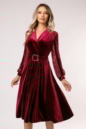 ROCHII DE CATIFEA - Rochie Mișa vișnie din catifea cu mâneci din dantelă și curea în talie