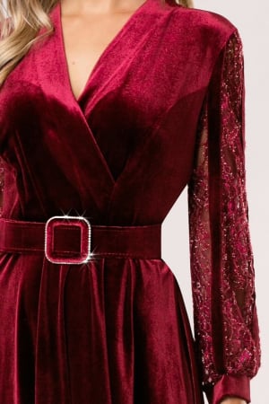 Rochie Mișa vișnie din catifea cu mâneci din dantelă și curea în talie [6]