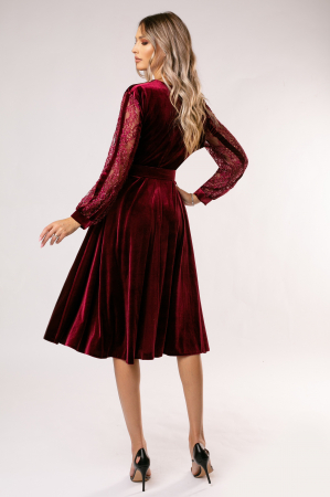 Rochie Mișa vișnie din catifea cu mâneci din dantelă și curea în talie [5]