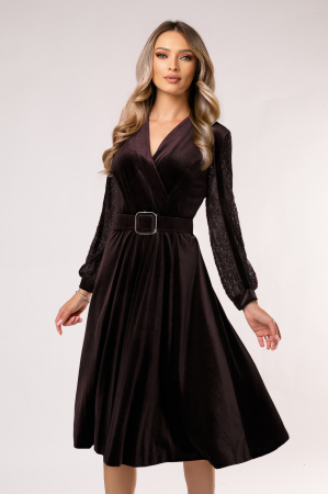 Rochie Mișa maro din catifea cu mâneci din dantelă și curea în talie [3]