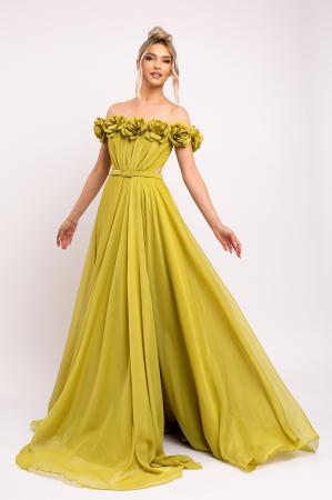 ROCHII DE SEARĂ - Rochie Nazell muștar de ocazie cu flori 3D pe bust