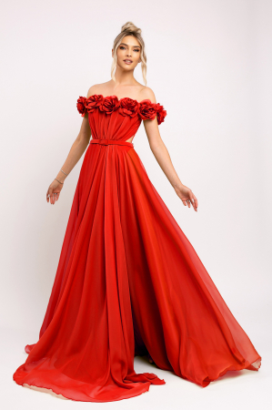 ROCHII DE SEARĂ - Rochie Nazell roșu de ocazie cu flori 3D pe bust
