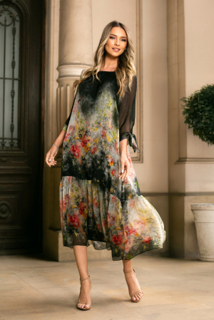 Rochie neagră de vară din mătase naturală cu imprimeu abstract [1]
