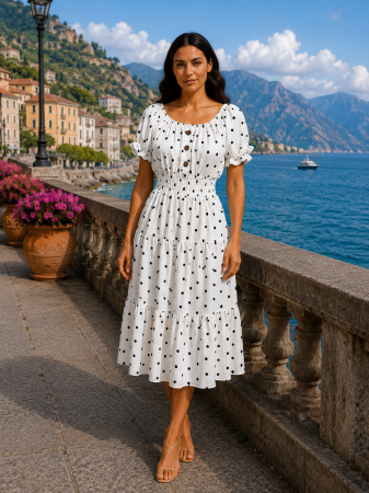 Rochie midi albă de vară imprimată cu buline [1]