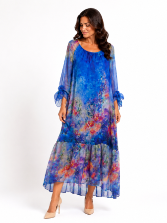 Rochie albastră de vară din mătase naturală cu imprimeu abstract [1]