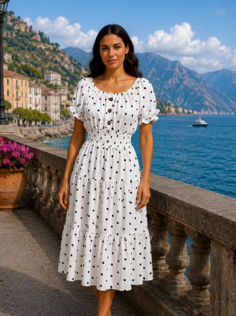 ROCHII MARIMI MARI XXL - Rochie midi albă de vară imprimată cu buline