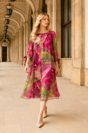 Rochie midi din mătase cu imprimeu fucsia [4]