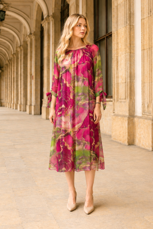 Rochie midi din mătase cu imprimeu fucsia [5]