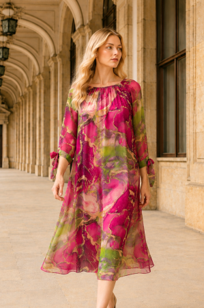 ROCHII DE ZI - Rochie midi din mătase cu imprimeu fucsia