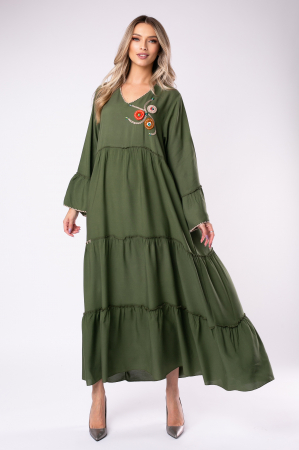 ROCHII BOHO STYLE - Rochie kaki din vâscoză mărime mare accesorizată cu broderie