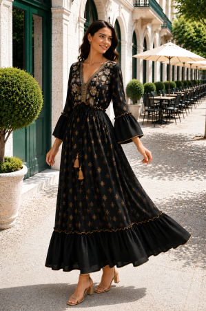 Rochie lungă de vară neagră cu broderie bej [2]