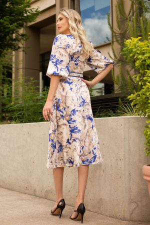 Rochie Olivera cu mâneci bufante și imprimeu albastru [2]