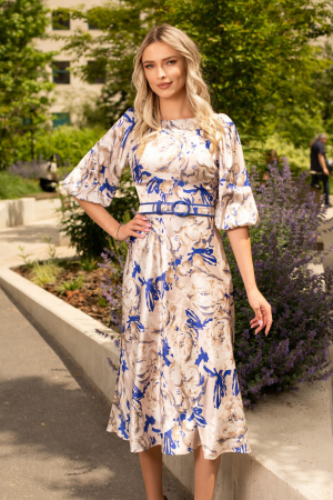 REDUCERI - Rochie Olivera cu mâneci bufante și imprimeu albastru