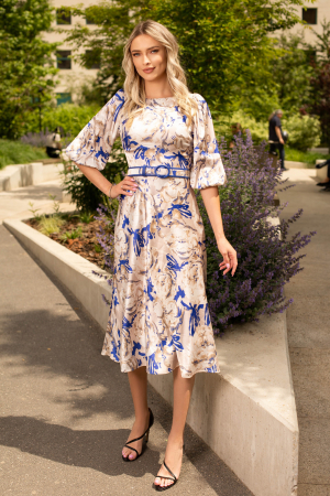 Rochie Olivera cu mâneci bufante și imprimeu albastru [3]