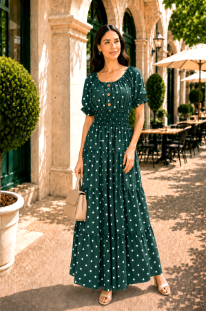 ROCHII LUNGI - Rochie verde lungă de vară imprimată cu buline