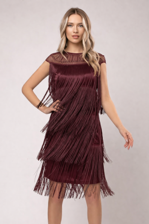 TOATE PRODUSELE - Rochie Sabrina mov de ocazie cu franjuri lungi și perluțe in zona gâtului