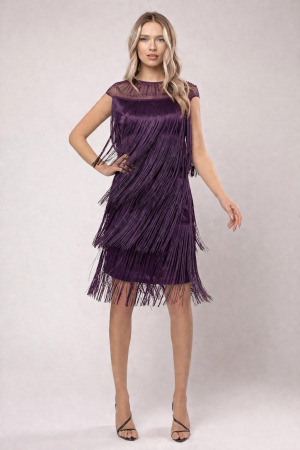 Rochie Sabrina mov de ocazie cu franjuri lungi și perluțe in zona gâtului [2]