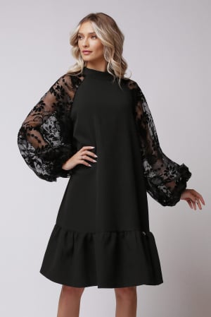 ROCHII - Rochie Amalfi neagră cu mâneci bufante imprimate