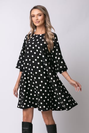 ROCHII DE SEARĂ - Rochie Sami neagră cu mâneci bufante imprimată cu buline