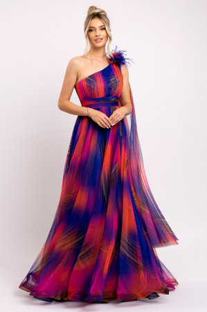 ROCHII DE LUX - Rochie Sofia albastră elegantă din tulle accesorizată cu eșarfa