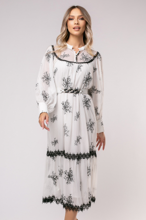 ROCHII DE ZI - Rochie Sona alb-negru cu flori brodate
