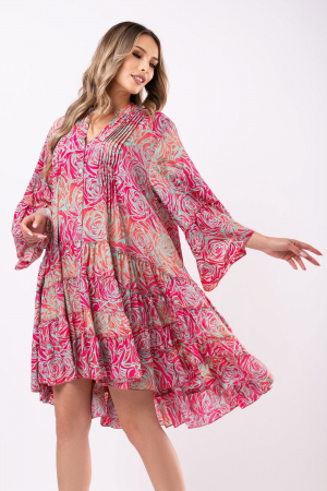 ROCHII DE ZI - Rochie Tina roz din mătase naturală Boho style
