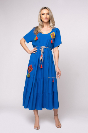 ROCHII BOHO STYLE - Rochie Vera albastră cu romburi cusute manual și jnur în talie