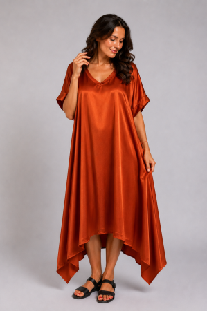 ROCHII ELEGANTE - Rochie cărămizie din vâscoză cu aspect ușor lucios