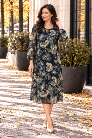 ROCHII - Rochie midi bleumarin imprimată și căptușeală din vâscoză