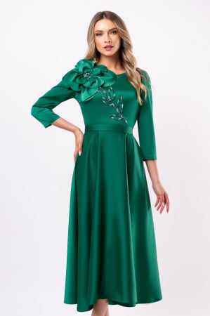 ROCHII - Rochie verde elegantă accesorizată cu o floare 3D