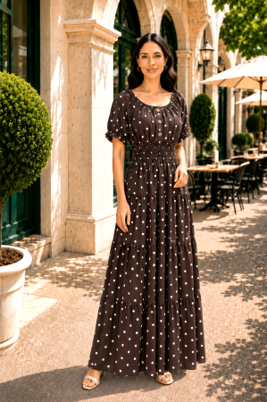 ROCHII LUNGI - Rochie lungă maro de vară imprimată cu buline