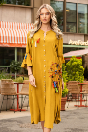 ROCHII BOHO STYLE - Rochie Verina muștar mărime mare cu figurine cusute manual