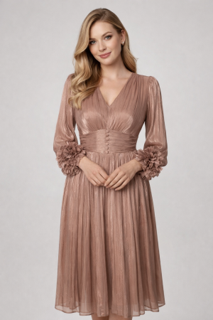 TOATE PRODUSELE - Rochie Viada de ocazie bej închis accesorizată pe mânecă