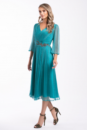 Rochie Viada de ocazie turcoaz din matase naturală accesorizată în talie [1]