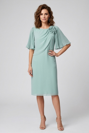 Rochie Viada midi verde mentă cu mâneci plisate și floare decorativă [2]