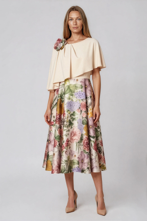 COLECȚIE NOUĂ - Rochie Viada elegantă bej cu imprimeu floral