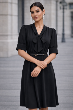 ROCHII DE BOTEZ - Rochie midi neagră cu mânecă scurtă