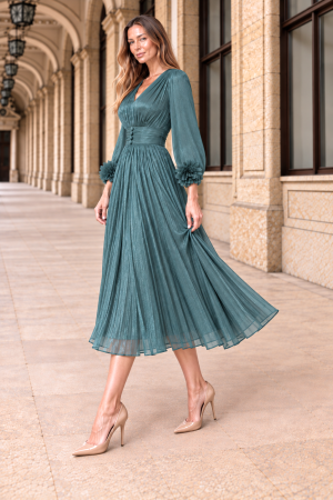 ROCHII DE OCAZIE - Rochie VIADA turcoaz elegantă accesorizată pe mâneci