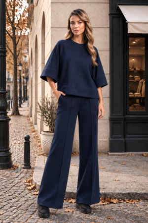 TOATE PRODUSELE - Trening bleumarin over size cu pantalon evazat