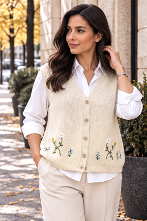 ȚINUTE OFFICE - Vestă tricotată crem cu broderie florală și nasturi