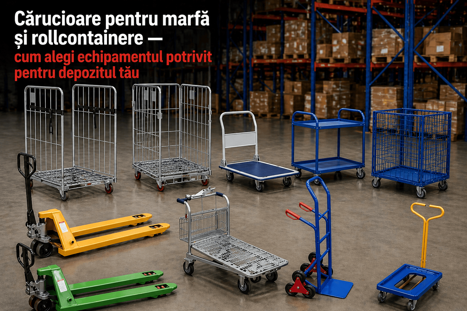 Cărucioare pentru marfă și rollcontainere — cum alegi echipamentul potrivit pentru depozitul tău