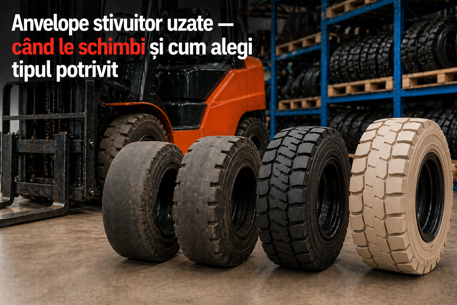 Anvelope stivuitor uzate — când le schimbi și cum alegi tipul potrivit