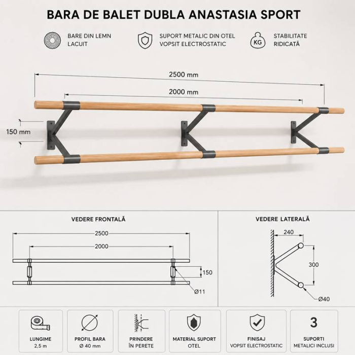 Bara de balet dubla Anastasia Sport, 2,5 m, montaj perete, bare lemn 40 mm [2]