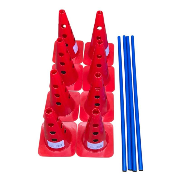 Gardulete antrenament Sportech, set 8 conuri roșii 38 cm + 4 bare albastre 100 cm, PVC flexibil, obstacole reglabilе pentru exerciții de agilitate [4]