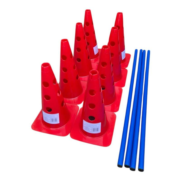 Gardulete antrenament Sportech, set 8 conuri roșii 38 cm + 4 bare albastre 100 cm, PVC flexibil, obstacole reglabilе pentru exerciții de agilitate [2]