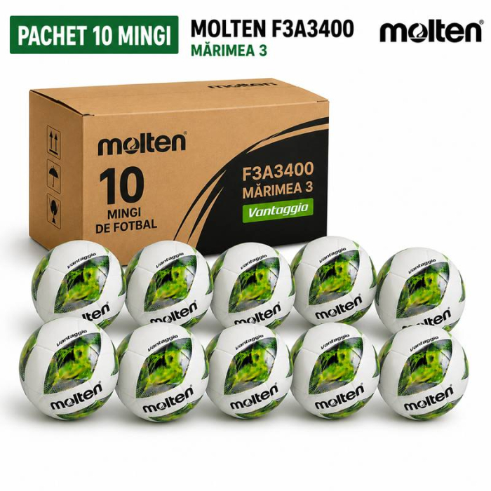 Pachet 10 mingi fotbal Molten F3A3400, marimea 3, copii 6–9 ani, constructie hibrida, cusaturi sigilate [3]